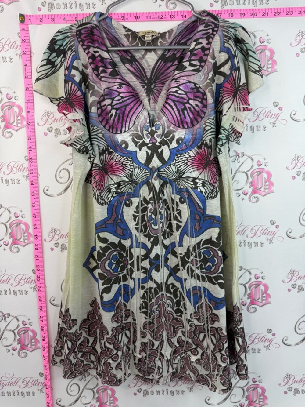ONE WORLD dress Butterfly Print Short Sleeve Dress in Purple, Blue, Pink, Black